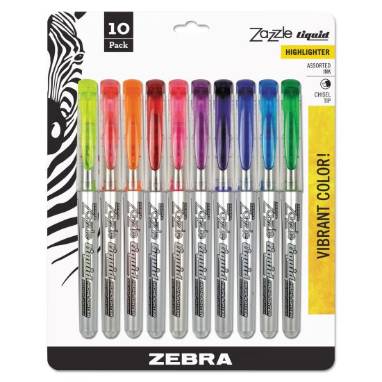 Zazzle Liquid Ink Highlighter, Assorted Ink Colors, Chisel Tip, Assorted Barrel Colors, 10/Set1
