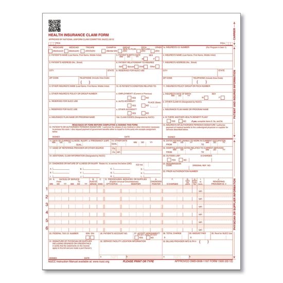 CMS Health Insurance Claim Form, One-Part, 8.5 x 11, 100 Forms1