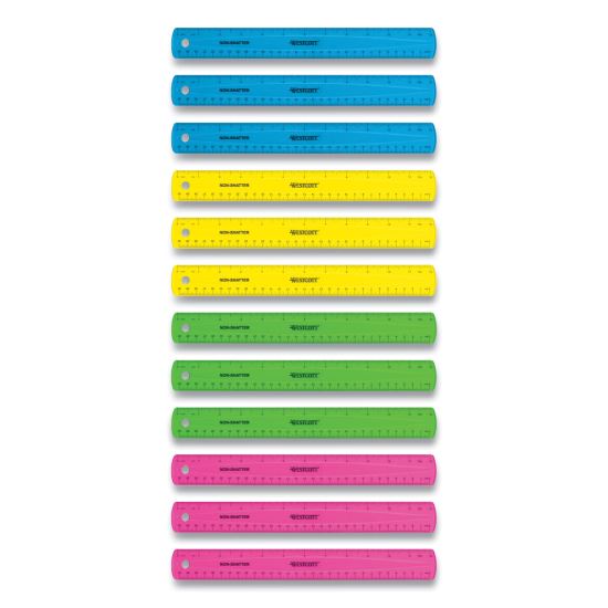 Non-Shatter Flexible Ruler, Standard/Metric, 12" (30 cm) Long, Plastic, Assorted Translucent Colors, 12/Box1