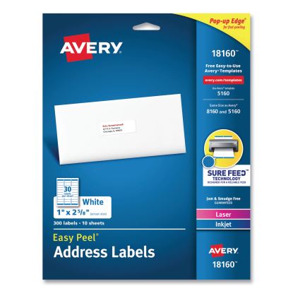 Easy Peel White Address Labels with Sure Feed Technology, Inkjet Printers, 1 x 2.63, White, 30/Sheet, 10 Sheets/Pack1