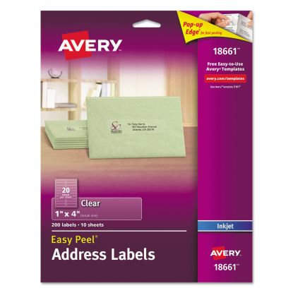 Matte Clear Easy Peel Mailing Labels w/ Sure Feed Technology, Inkjet Printers, 1 x 4, Clear, 20/Sheet, 10 Sheets/Pack1