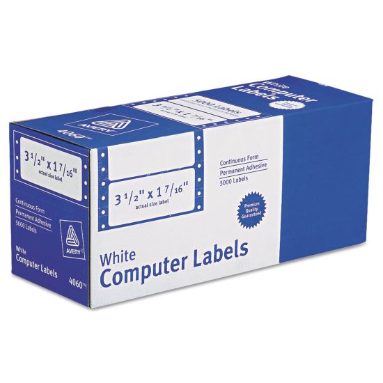 Dot Matrix Printer Mailing Labels, Pin-Fed Printers, 1.44 x 3.5, White, 5,000/Box1