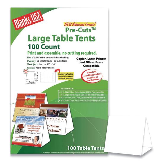 Table Tent, 80 lb Cover Weight, 12 x 18, White, 2 Tents/Sheet, 50 Sheets/Pack1