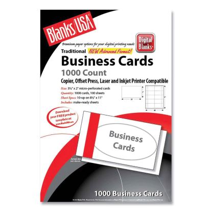 Printable Microperf Business Cards, Copier/Inkjet/Laser/Offset, 2 x 3.5, White, Bristol, 1,000 Cards, 10/Sheet, 100 Sheets/PK1