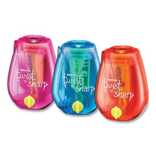 Twist-n-Sharp Pencil Sharpener, One-Hole, 3.5 x 1.25 x 5.5, Assorted Colors, 3/Box1