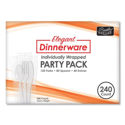 Elegant Dinnerware Heavyweight Cutlery Assortment, Individually Wrapped, 120 Forks/80 Spoons/40 Knives, White, 240/Box1