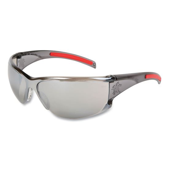 HK1 Series Safety Glasses, Wraparound, Scratch-Resistant, Silver Mirror Lens, Smoke/Red Frame1