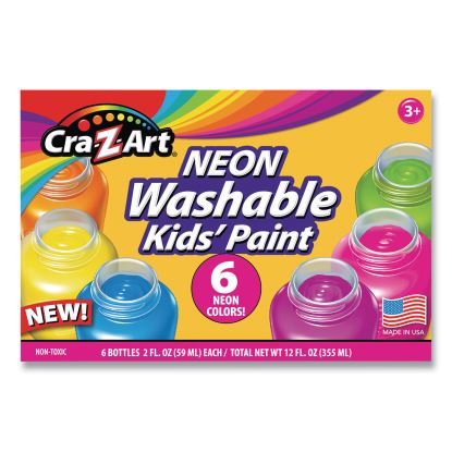 Neon Washable Kids' Paint, 6 Assorted Neon Colors, 2 oz Bottle, 6/Pack1