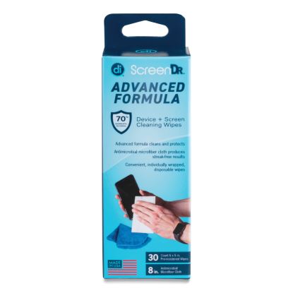 ScreenDr Device and Screen Cleaning Wipes, Includes 30 Individually Wrapped Wipes and 8" Microfiber Cloth, 6 x 51