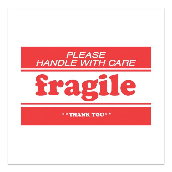 Pre-Printed Message Labels, Fragile-Please Handle with Care-Thank You, 2 x 3, White/Red, 500/Roll1