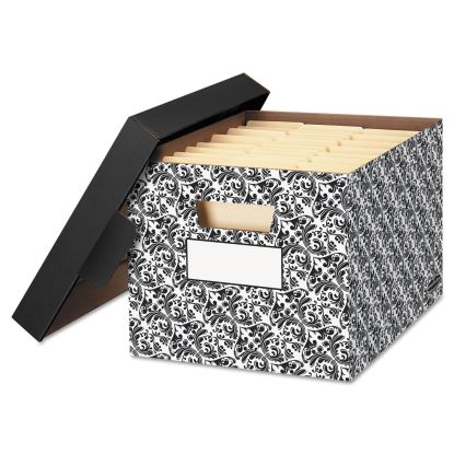 STOR/FILE Decorative Medium-Duty Storage Box, Letter/Legal Files, 12.5" x 16.25" x 10.5", Black/White Brocade Design, 4/CT1