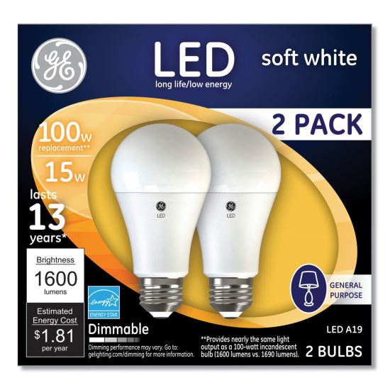 100W LED Bulbs, 15 W, A19, Soft White, 2/Pack1