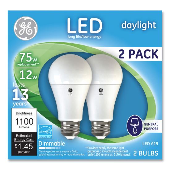 75W LED Bulbs, 12 W, A19 Bulb, Daylight, 2/Pack1