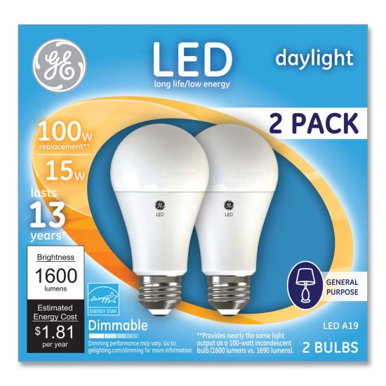 100W LED Bulbs, 15 W, A19, Daylight, 2/Pack1