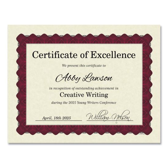 Metallic Border Certificates, 11 x 8.5, Ivory/Red with Red Border, 100/Pack1