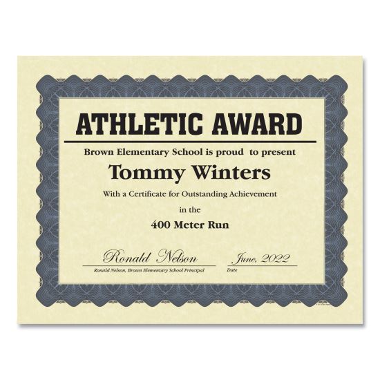 Metallic Border Certificates, 11 x 8.5, Ivory/Blue with Blue Border, 100/Pack1