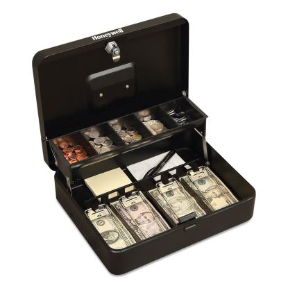 Tiered CantiDoor Lever Cash Box, 4 Bill, 5 Coin Slots, Key Lock, 11.9 x 9.7 x 3.5, Steel, Black1