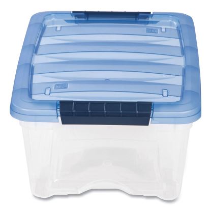 Stack and Pull Latching Flat Lid Storage Box, 3.23 gal, 10.9" x 16.5" x 6.5", Clear/Translucent Blue1