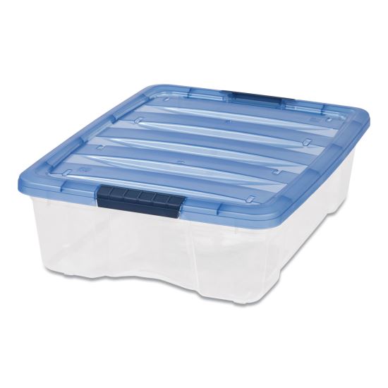 Stack and Pull Latching Flat Lid Storage Box, 6.73 gal, 16.5" x 22" x 6.5", Clear/Translucent Blue1