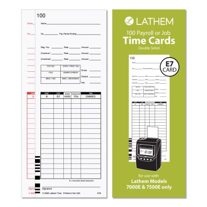 Time Clock Cards for Lathem Time 7000E/7500E, Two Sides, 3.38 x 8.78, 100/Pack1