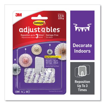 Adjustables Repositionable Mini Hooks, Plastic, White, 0.5 lb Capacity, 14 Hooks and 30 Strips1