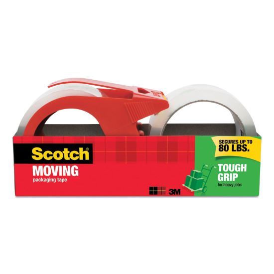 Tough Grip Moving Packaging Tape with Dispenser, 3" Core, 1.88" x 38.2 yds, Clear, 2/Pack1