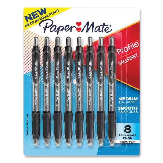 Profile Ballpoint Pen, Retractable, Medium 1 mm, Black Ink, Translucent Black Barrel, 8/Pack1