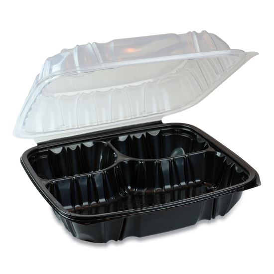 EarthChoice Vented Dual Color Microwavable Hinged Lid Container, 3-Compartment, 34oz, 10.5 x 9.5 x 3, Black/Clear, 132/Carton1