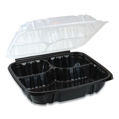 EarthChoice Vented Dual Color Microwavable Hinged Lid Container, 3-Compartment, 34oz, 10.5 x 9.5 x 3, Black/Clear, 132/Carton1