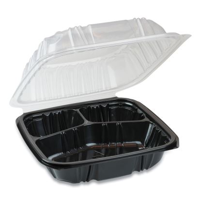 EarthChoice Vented Dual Color Microwavable Hinged Lid Container, 3-Compartment, 21 oz, 8.5 x 8.5 x 3, Black/Clear, 150/Carton1