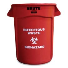 Round Brute Container with "Infectious Waste: Biohazard" Imprint, Plastic, 32 gal, Red1