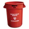 Round Brute Container with "Infectious Waste: Biohazard" Imprint, Plastic, 32 gal, Red2