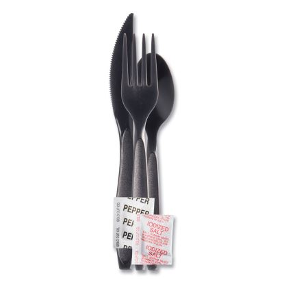 Reliance Mediumweight Cutlery Kit, Knife/Fork/Spoon/Salt/Pepper/Napkin, Black, 250 Kits/Carton1
