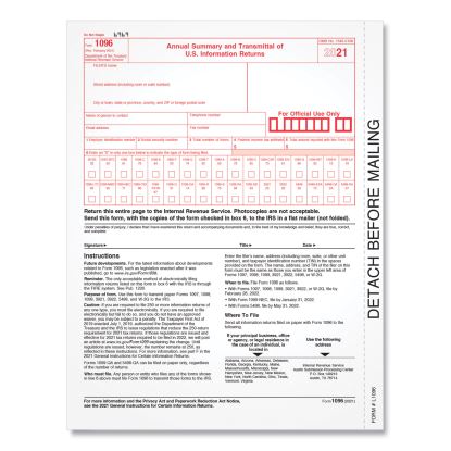 1096 Summary Transmittal Tax Forms, 8 x 11, 1/Page,10 Forms/Pack1
