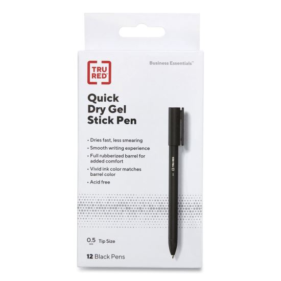 Quick Dry Gel Pen, Stick, Fine 0.5 mm, Black Ink, Black Barrel, Dozen1