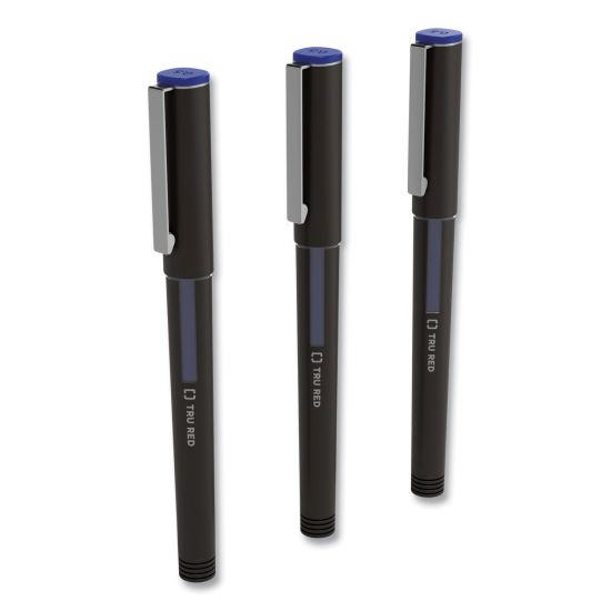 Roller Ball Pen, Stick, Fine 0.5 mm, Blue Ink, Black Barrel, 3/Pack1