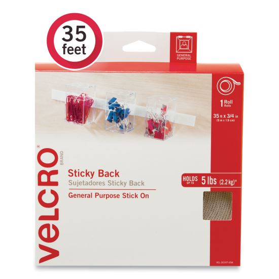 Sticky-Back Fasteners, Removable Adhesive, 0.75" x 35 ft, White1