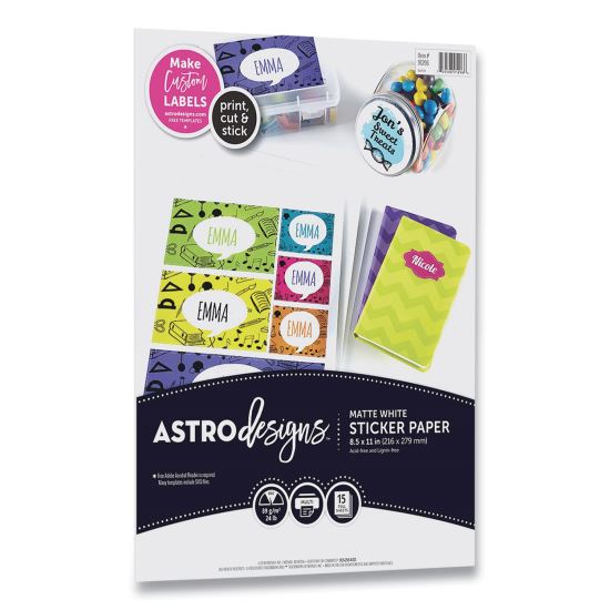 Astrodesigns Sticker Paper Labels, Inkjet/Laser Printers, 8.5 x 11, White, 15/Pack1