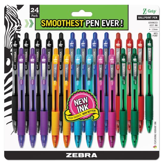 Z-Grip Ballpoint Pen, Retractable, Medium 1 mm, Assorted Business/Artistic Ink Colors, Clear Barrel, 24/Pack1