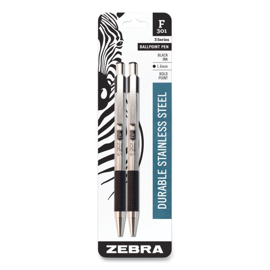 F-301 Ballpoint Pen, Retractable, Bold 1.6 mm, Black Ink, Stainless Steel/Black Barrel, 2/Pack1