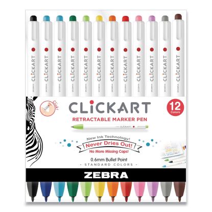 ClickArt Porous Point Pen, Retractable, Fine 0.6 mm, Assorted Ink Colors, White/Assorted Barrel, 12/Pack1