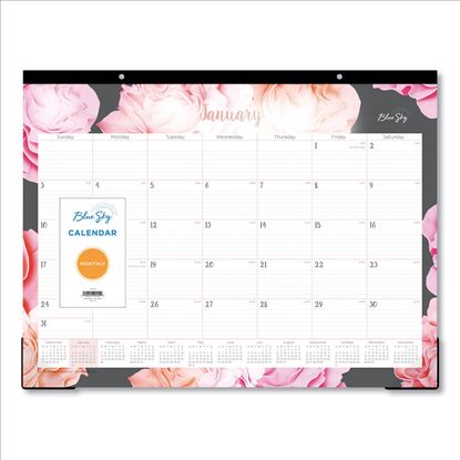 Joselyn Desk Pad, Rose Artwork, 22 x 17, White/Pink/Peach Sheets, Black Binding, Clear Corners, 12-Month (Jan-Dec): 20231