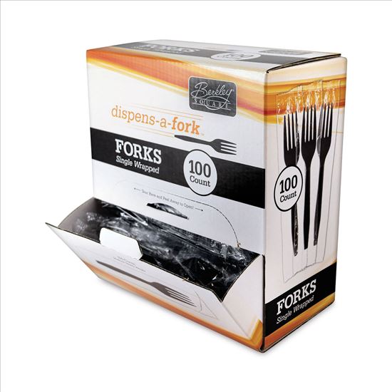 Dispens-a-Fork, Individually Wrapped, Mediumweight, Plastic, Black, 100/Box1