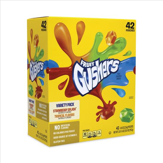 Fruit Gushers Fruit Snacks, Strawberry and Tropical Fruit Flavors, 0.8 oz, 42 Pouches/Box, Delivered in 1-4 Business Days1