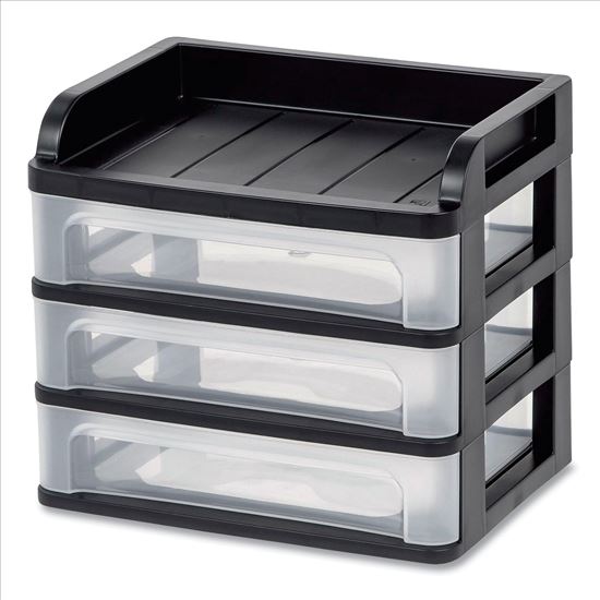 Medium Three-Drawer Desktop Storage, 3 Sections, Letter Size Files, 14.25 x 11.88 x 11.25, Black/Clear1