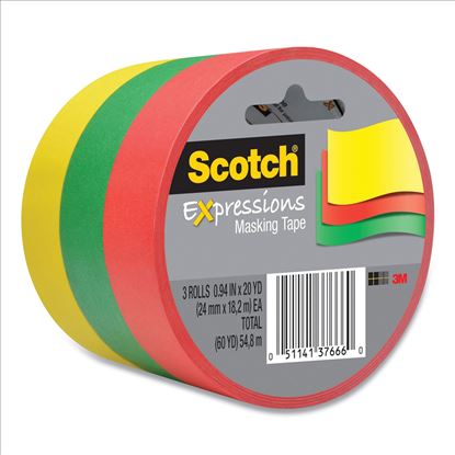 Expressions Masking Tape, 3" Core, 0.94" x 20 yds, Red, Green, Yellow, 3 Rolls/Pack1