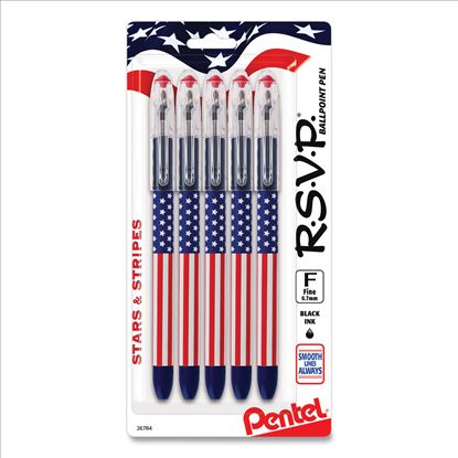 R.S.V.P. Stars and Stripes Ballpoint Pen, Stick, Fine 0.7 mm, Black Ink, Red/White/Blue Barrel, 5/Pack1