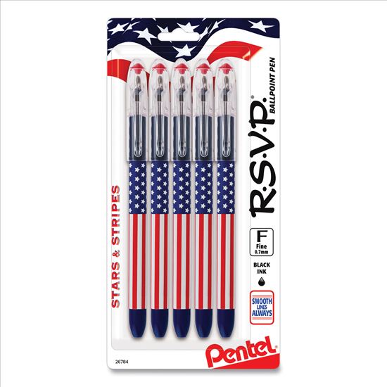 R.S.V.P. Stars and Stripes Ballpoint Pen, Stick, Fine 0.7 mm, Black Ink, Red/White/Blue Barrel, 5/Pack1