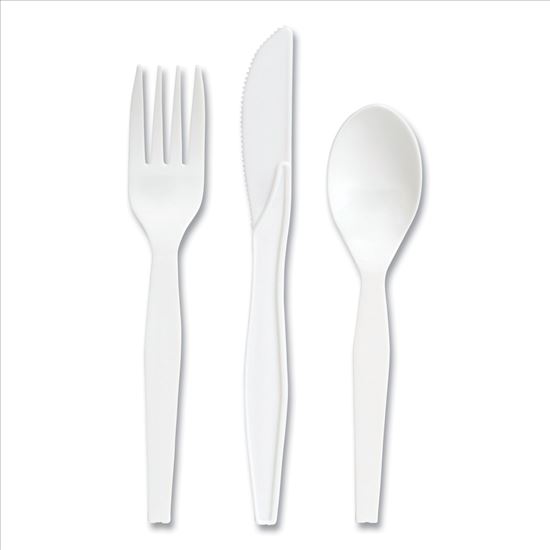 Mediumweight Plastic Cutlery, Fork/Knife/Teaspoon, White, 100 Sets/Pack1