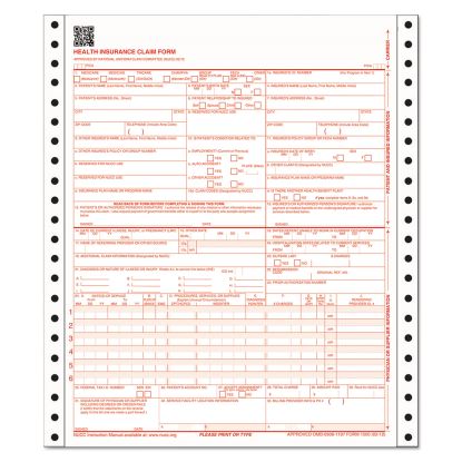 CMS Health Insurance Claim Form, Three-Part Carbonless, 9.5 x 11, 1/Page, Continuous, 100  Forms1